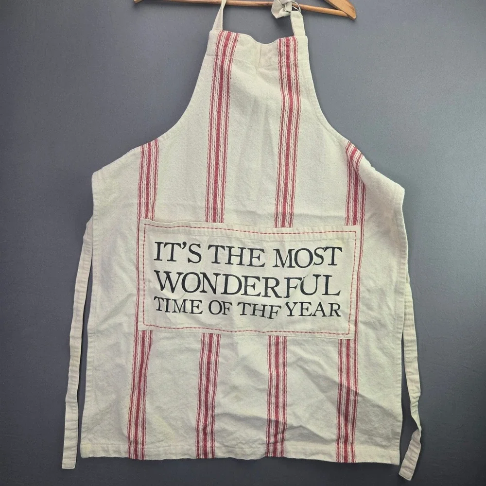 Mud Pie Christmas Apron Most Wonderful Time Year Red Stripe Canvas One Size